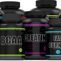 BCAA, whey, fat burner, mass gainer and creatine bottles isolated over white background